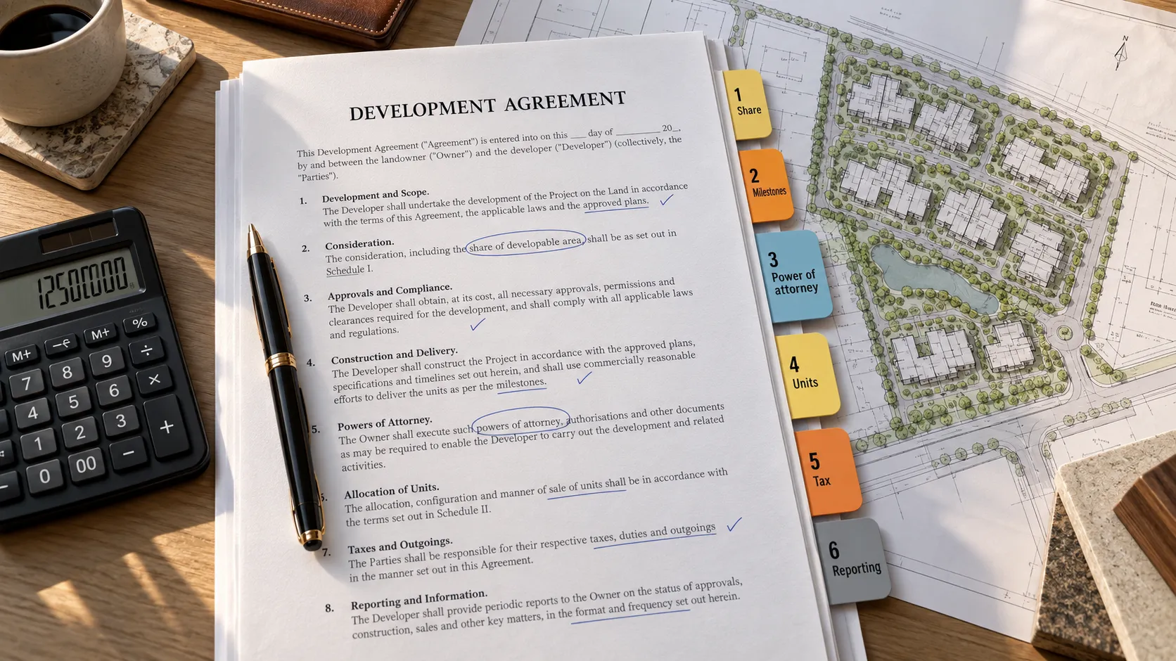 Landowner reviewing a joint development agreement checklist with a site plan